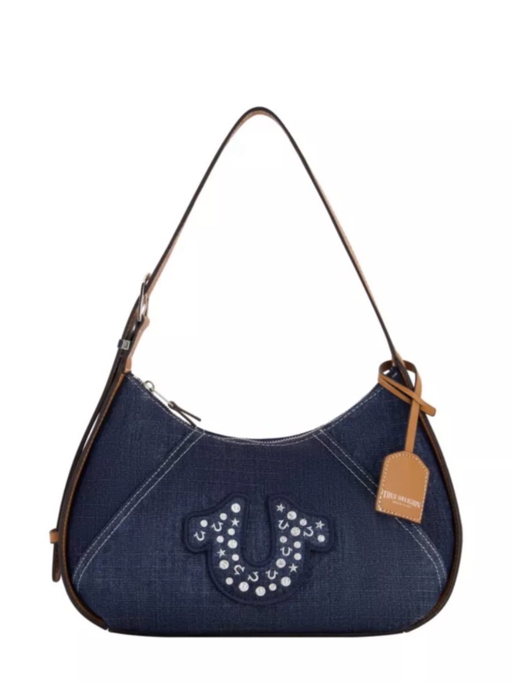 True Religion Strudded Logo Crescent Denim Shoulder Bag